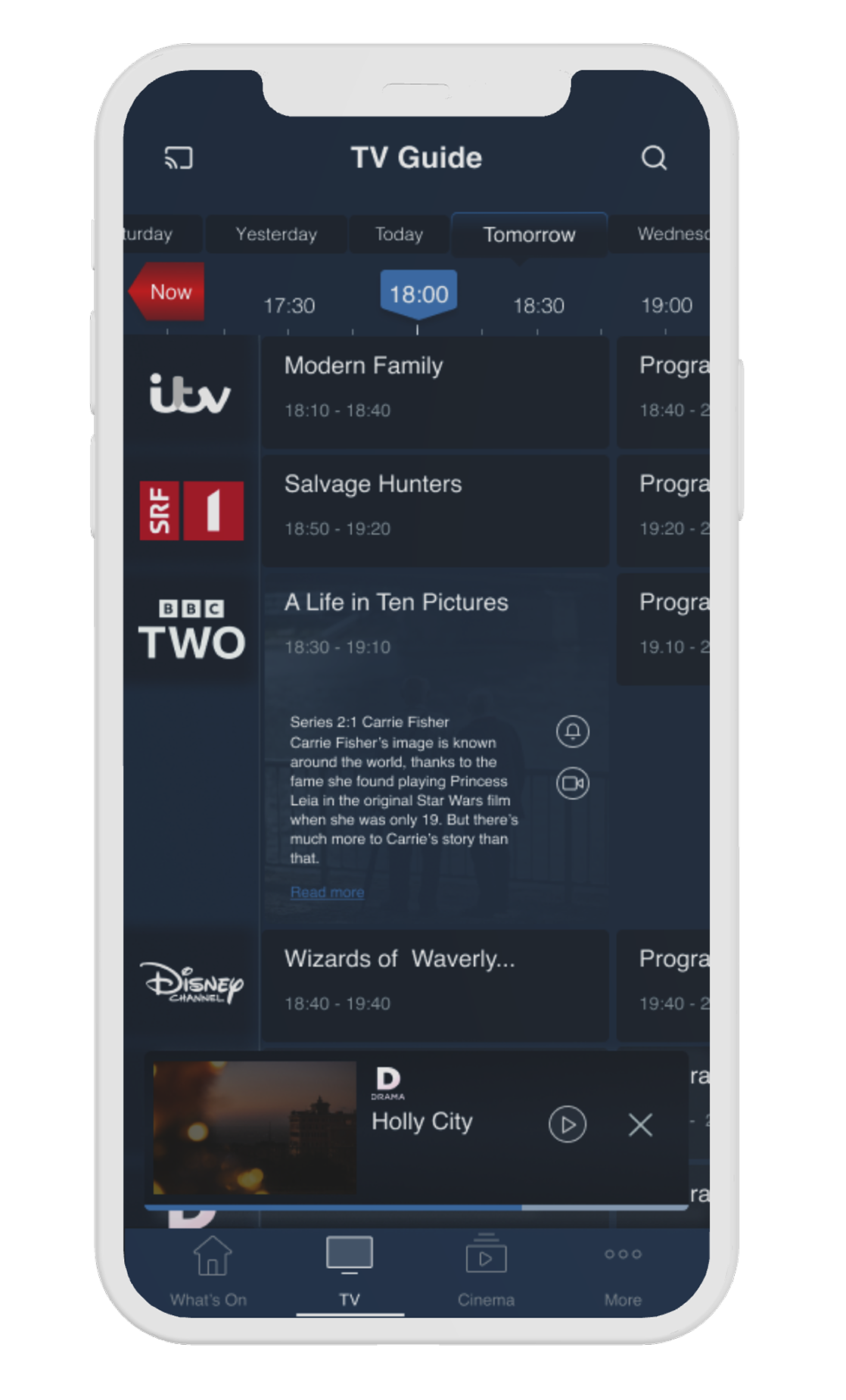 Mobile EPG with Now button highlighted in the timeline navigation